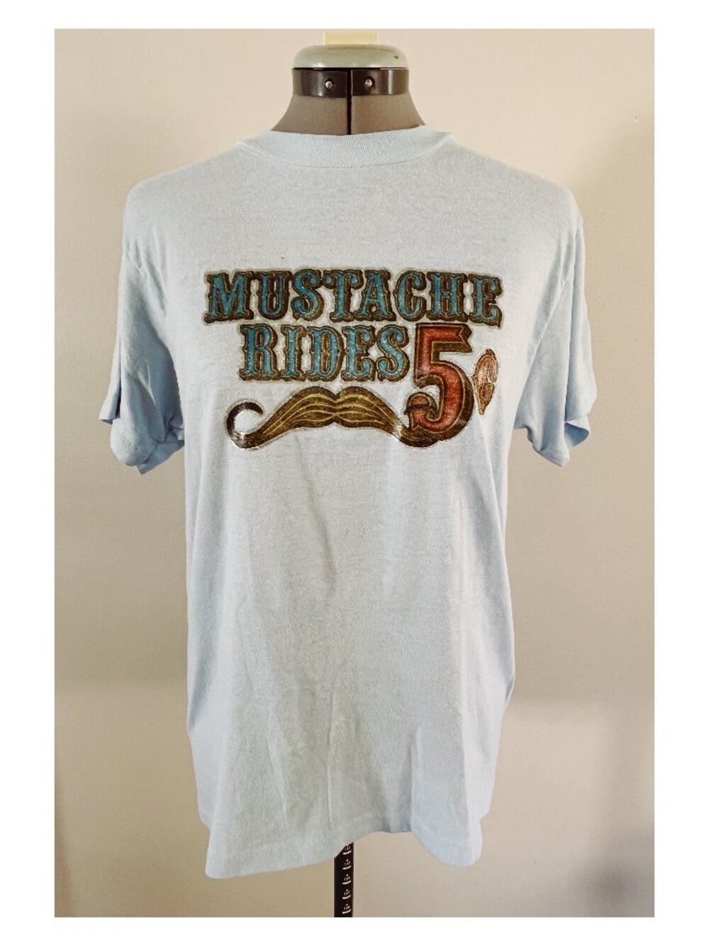 VTG Ched Sz S Mustache Rides Glitter Transfer Graphic Tee Baby Blue 80s